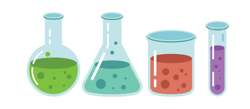 Colorful science experiment flasks and test tube