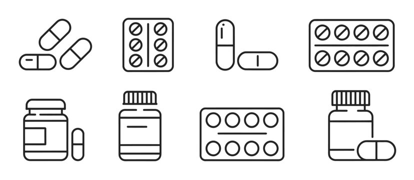 Medicine icons pills capsules tablets bottles