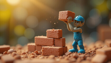 Miniature construction worker stacking bricks under warm sunlight
