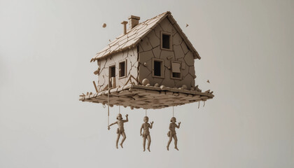  floating house sculpture with miniature figures in artistic composition