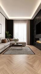 Sophisticated Living Space: Elegant Sofa, Marble Fireplace, and Herringbone Floors Create a Modern and Comfortable Atmosphere.