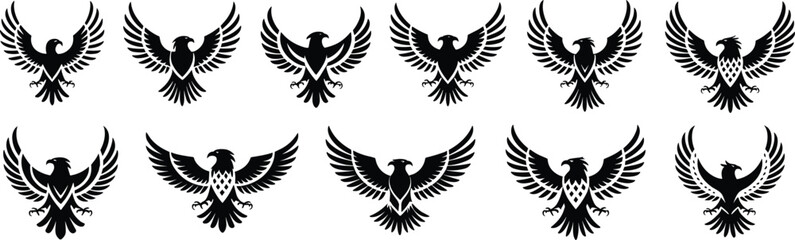 Majestic Spread Wing Eagle Silhouettes Collection, Powerful Bird of Prey Emblems, Heraldic Designs, Freedom and Strength Symbols, Vector Graphics for Logos and Branding
