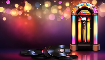 Retro jukebox with vinyl records in a blurred background