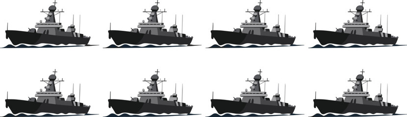 Illustration of a fleet of black and white military ships, modern warships in a row, maritime defense, navy fleet, military vessels in the sea for Adobe Stock © Morsalin Creatives