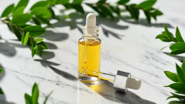 Golden serum bottle with leaves