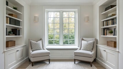 Cozy reading nook with two chairs, bookshelves, and large windows letting in natural light.