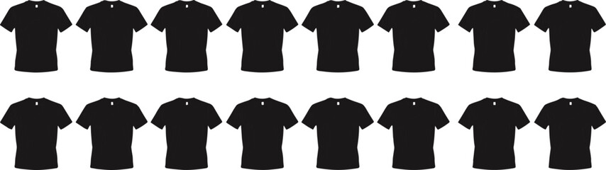 Silhouette collection of black t-shirts, front view shirt icons, blank apparel templates, fashion clothing design, cotton tee mockup, casual wear vector illustration