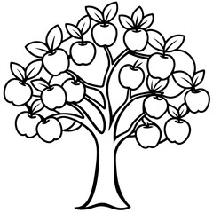 Black and White Line Art Apple Tree with Many Apples