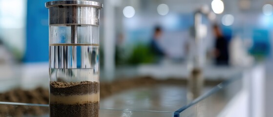 Soil sample analysis in transparent cylinder with water for environmental testing and research Concept of soil science, environmental monitoring, and geotechnical engineering