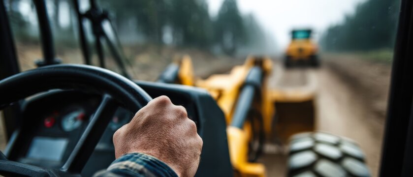 Caucasian adult man operating heavy machinery, driving a yellow bulldozer on a construction site Concept of industrial work, road construction, and skilled labor