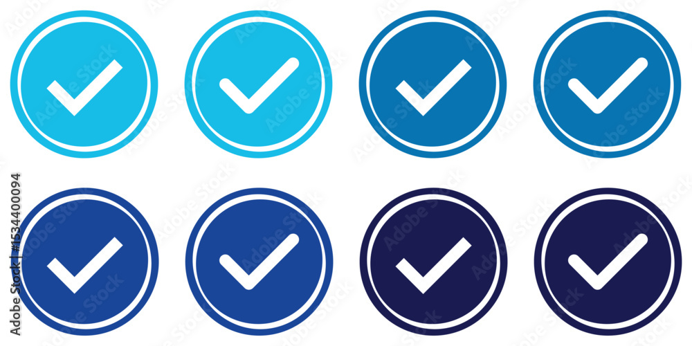 Poster blue check mark icon in circle graphic design element. verified badge icon tick symbol vector approv