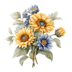 Bright bouquet featuring sunflowers and blue flowers with greenery in a natural arrangement