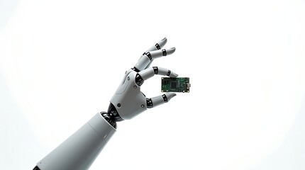 Sleek metallic fingers and sharp lines emphasize the technological precision of a futuristic robotic hand and circuit board.