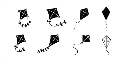 kite flying vector set hand drawn illustration on white background. kite silhouette vector set.