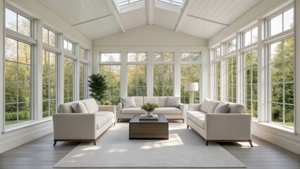 Bright and modern sunroom with large windows and minimalist furniture design.