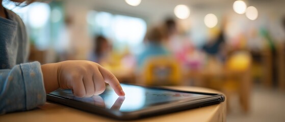 Young child using tablet in classroom, learning with technology and digital education in a bright and modern learning environment