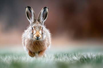 Obraz premium A hare moves swiftly through a grassy area, its fur reflecting the soft light of early morning