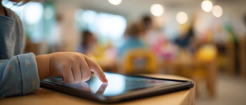 Young child using tablet in classroom, learning with technology and digital education in a bright and modern learning environment