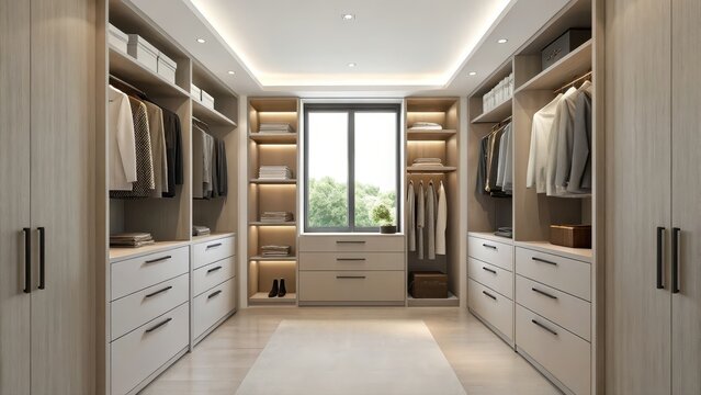 Modern walk-in wardrobe with organized clothing and natural light from a large window.