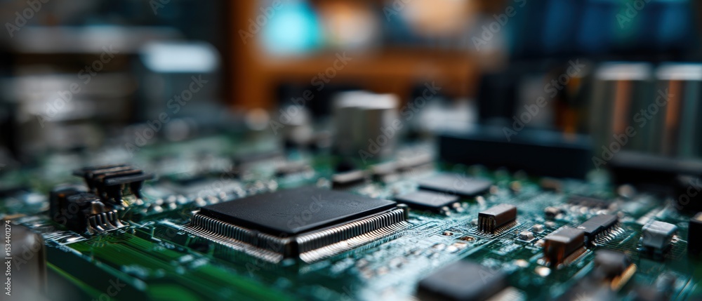 Aufkleber macro shot of a green computer motherboard with microchips, showcasing technology and electronics co