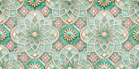 Intricate aquamarine floral pattern with gold accents on a textured background.