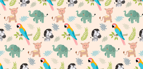 Cute tropical seamless pattern with parrot, jungle animals, leaves, and flowers. Child-friendly colorful design for textiles or nursery decor. Vector illustration.