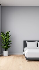 Minimalist Bedroom Interior with a Plant and Gray Walls: A Clean and Comfortable Space Design.