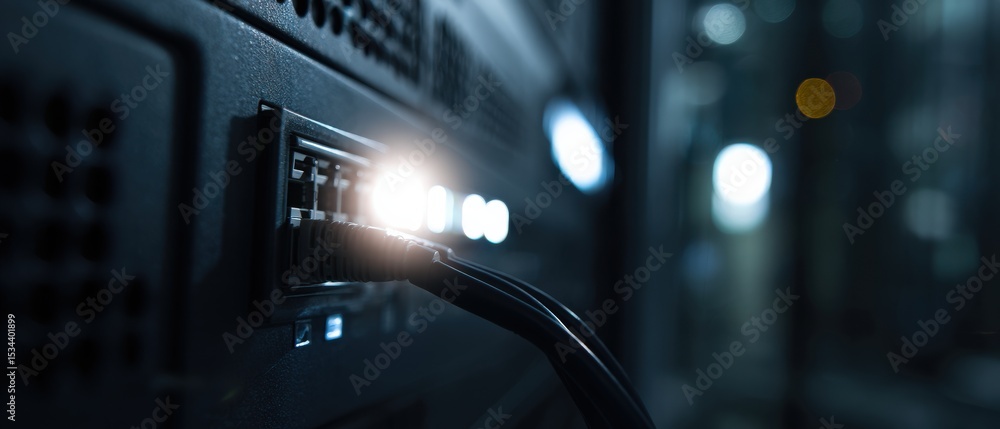 Poster network cable plugged into a server switch, data center connection for fast internet and reliable co