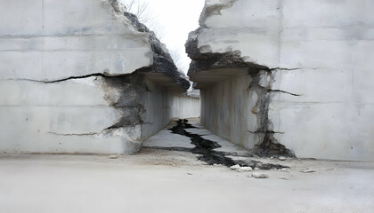 A large fissure in concrete illustrating earthquake damage   -