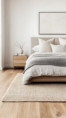 Minimalist Bedroom Interior Design with Wooden Furniture, Cozy Bedding, and Natural Light Featuring Wall Art.