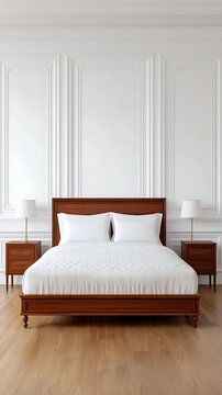 Elegant Bedroom Interior Featuring a Wooden Bed Frame and White Bedding with Nightstands and Lamps.