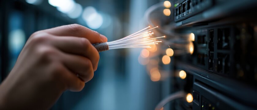 Technician holding fiber optic cable connecting to server rack in data center for high speed internet and network communication Concept of technology, infrastructure, and connectivity