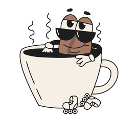 Retro groovy character coffee bean sits in cup with hot coffee. Vintage isolated vector illustration