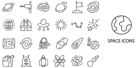 Space simple concept 24 hand drawn icons set .Vector illustration.	