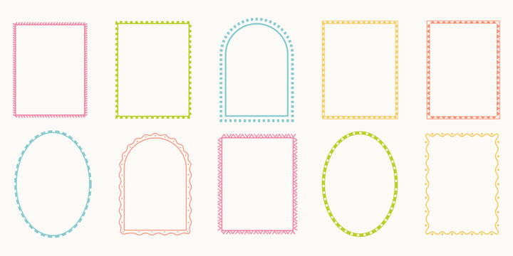 Hand drawn decorative frame set. Sketch-style borders in square, oval, and arched shapes. Doodle geometric, scalloped, and wavy line frames. Minimalist frames for posters, invitations, weddings.