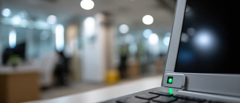 Laptop Webcam Indicator Light On in Modern Office, Signifying Privacy and Security in Technology - Powered by Adobe