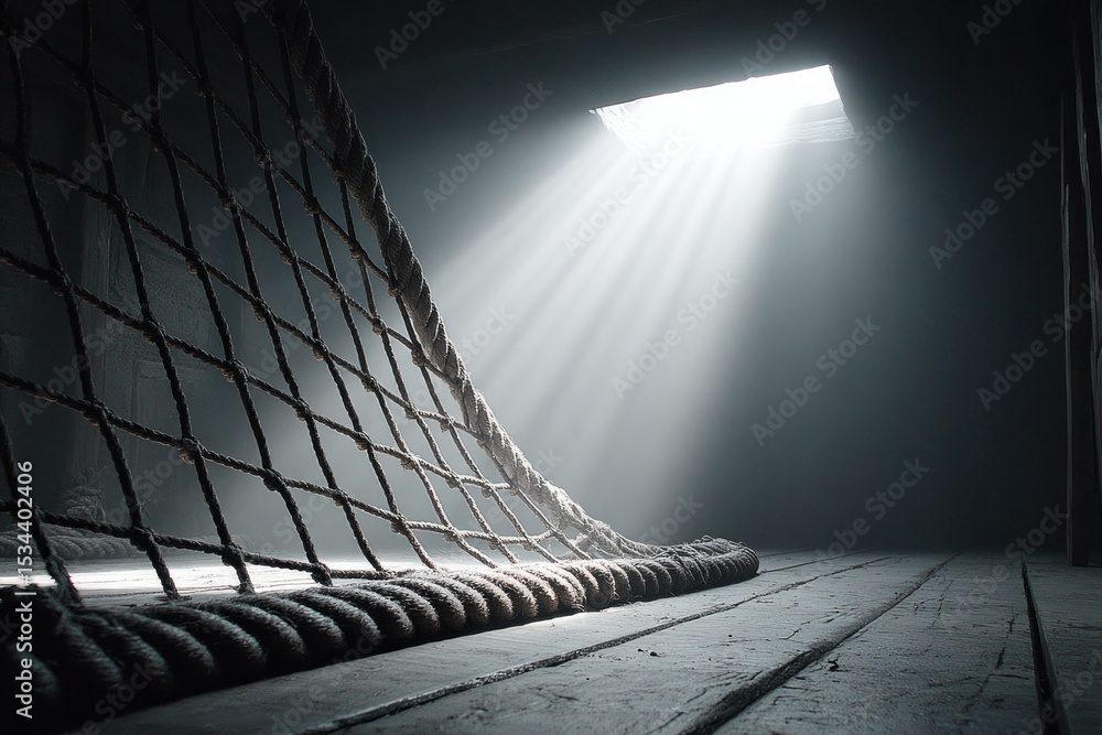 Poster sunlight filters through a skylight, casting beams on an old wooden floor with a fishing net in an a