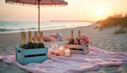 Romantic beach picnic setup. Champagne bottles, roses, candles, glasses on pink blanket. Ocean sunset, sandy beach. Vacation, relaxation, event, date, celebration of summer time, love. Holiday,