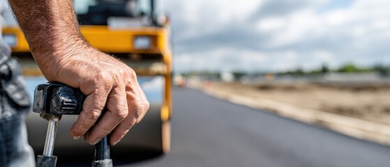 Caucasian man operating asphalt roller on road construction site Closeup of workers hand on machinery during daytime Concept of infrastructure, paving, and manual labor