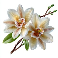 Fototapeta premium Vanilla flower with delicate pale yellow petals and central orchid structure, isolated on white background, botanical illustration for food, cosmetics, or natural wellness concept