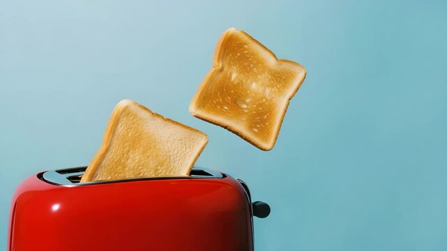 Two slices of toast popping out of a red toaster against a blue background  