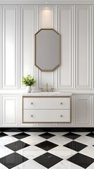 Elegant white bathroom interior with modern vanity, golden details, geometric mirror, and black & white marble floors.