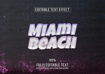 A "Miami Beach" editable text effect in a bold, 80s retro style with a vibrant purple and pink neon glow PSD.
