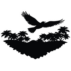 Majestic Bird Soaring Over Lush Tropical Island Silhouette A Stunning Black and White Illustration