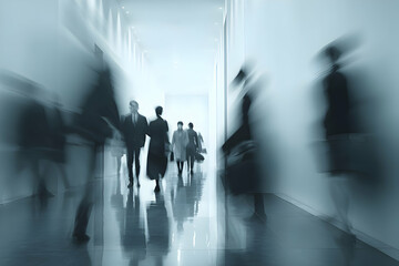 A long-exposure shot of blurred business professionals walking quickly through a bright office lobby    -