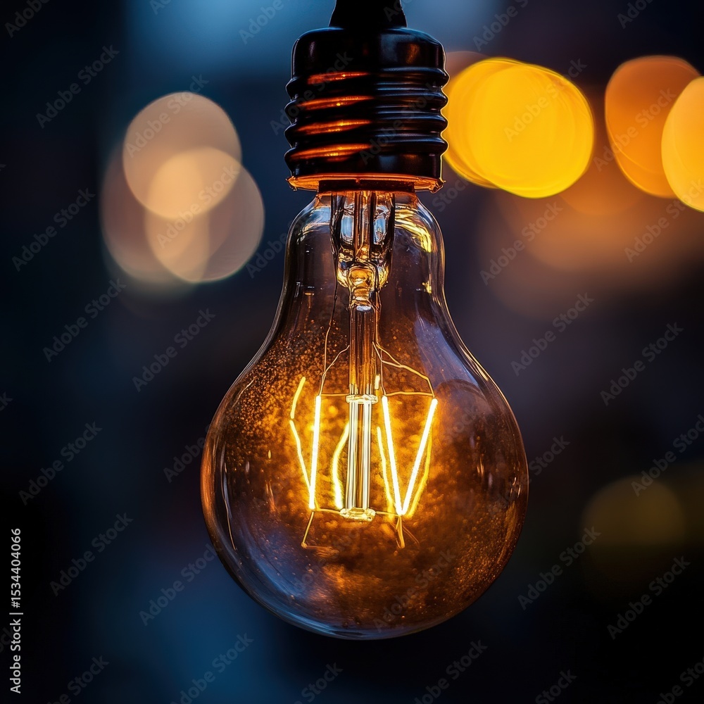 Poster glowing light bulb with filament shining brightly against blurred bokeh background concept of idea, 