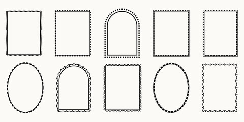 Hand drawn decorative frame set. Sketch-style borders in square, oval, and arched shapes. Doodle geometric, scalloped, and wavy line frames. Minimalist frames for posters, invitations, weddings.