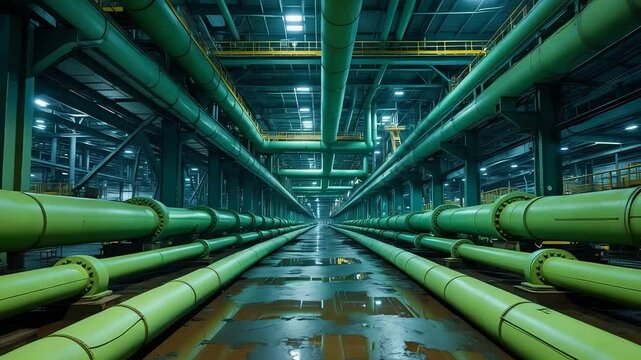 Industrial Interior with Rows of Large Green Pipes and Wet Reflective Floor in Factory or Utility Plant with Overhead Lighting

