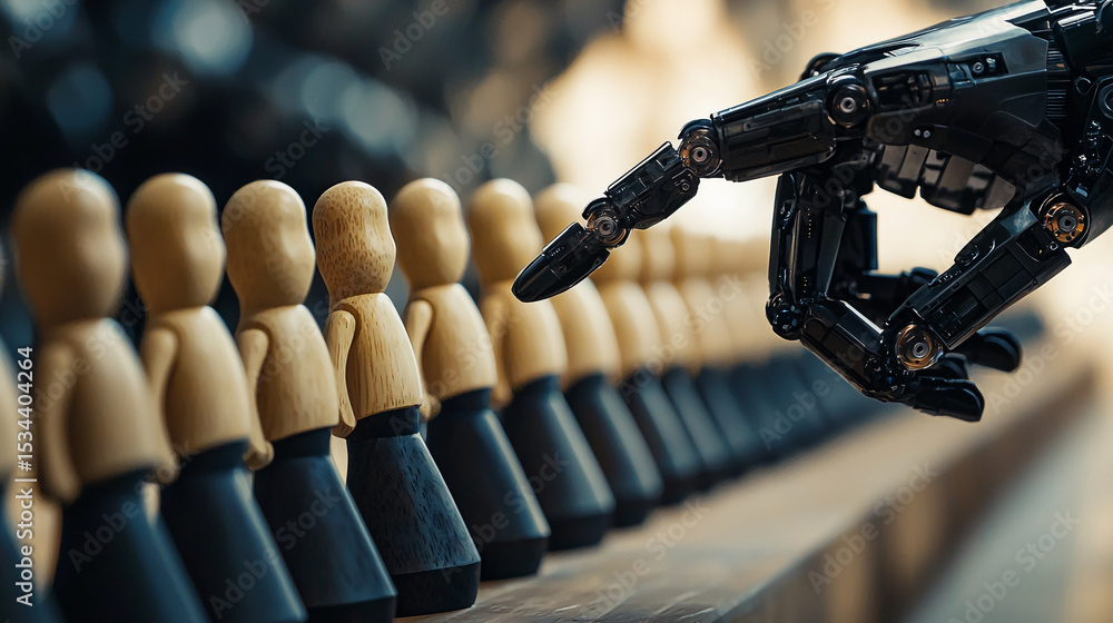 Poster a robotic hand selecting a wooden figure from a row of similar figures in a close up shot