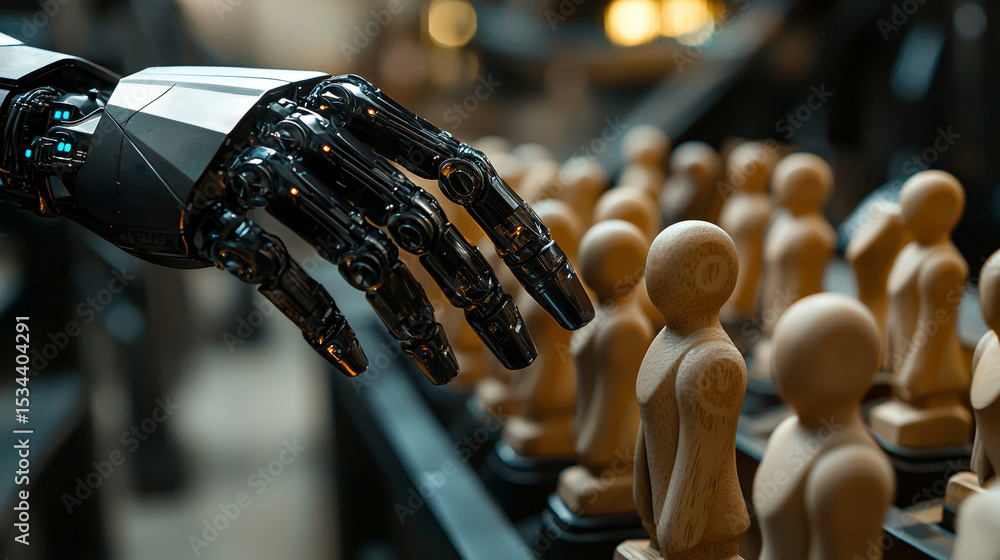 Poster a robotic hand reaching towards a row of wooden figures on a conveyor belt in a factory setting